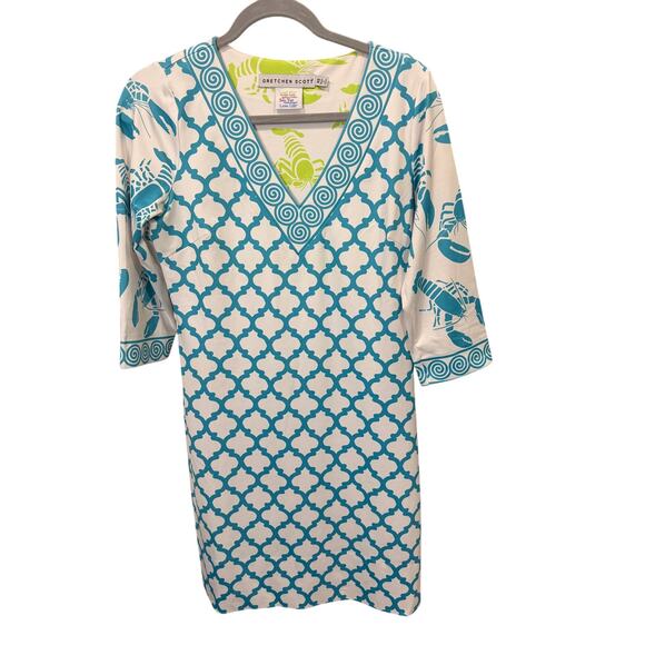 Gretchen Scott White Turquoise Print Sheath Dress XS V‑Neck 3/4 Sleeve EUC ✨ - Picture 3 of 6